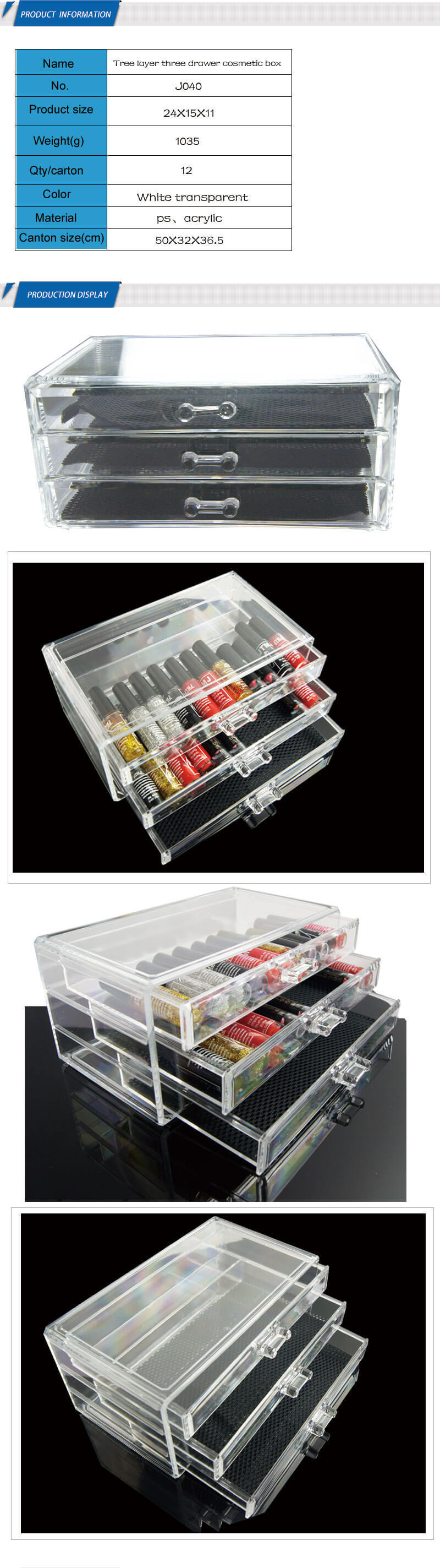 3 Drawers Clear Acrylic Cosmetics Organizer Jewelry Makeup Case