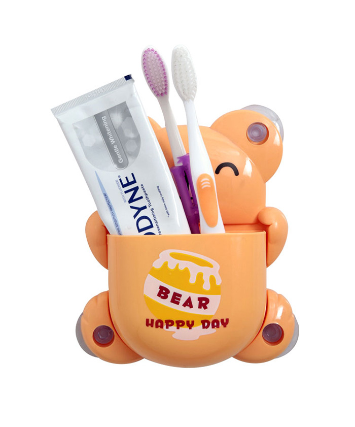 Bear Funny Kid Suction Cup Bamboo Plastic Toothbrush Holder